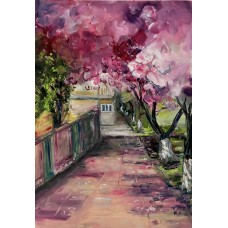 “Cherry Trees Bloom in Uzhhorod” – Original Spring Cityscape, Oil on Paper | Marina Stognieva